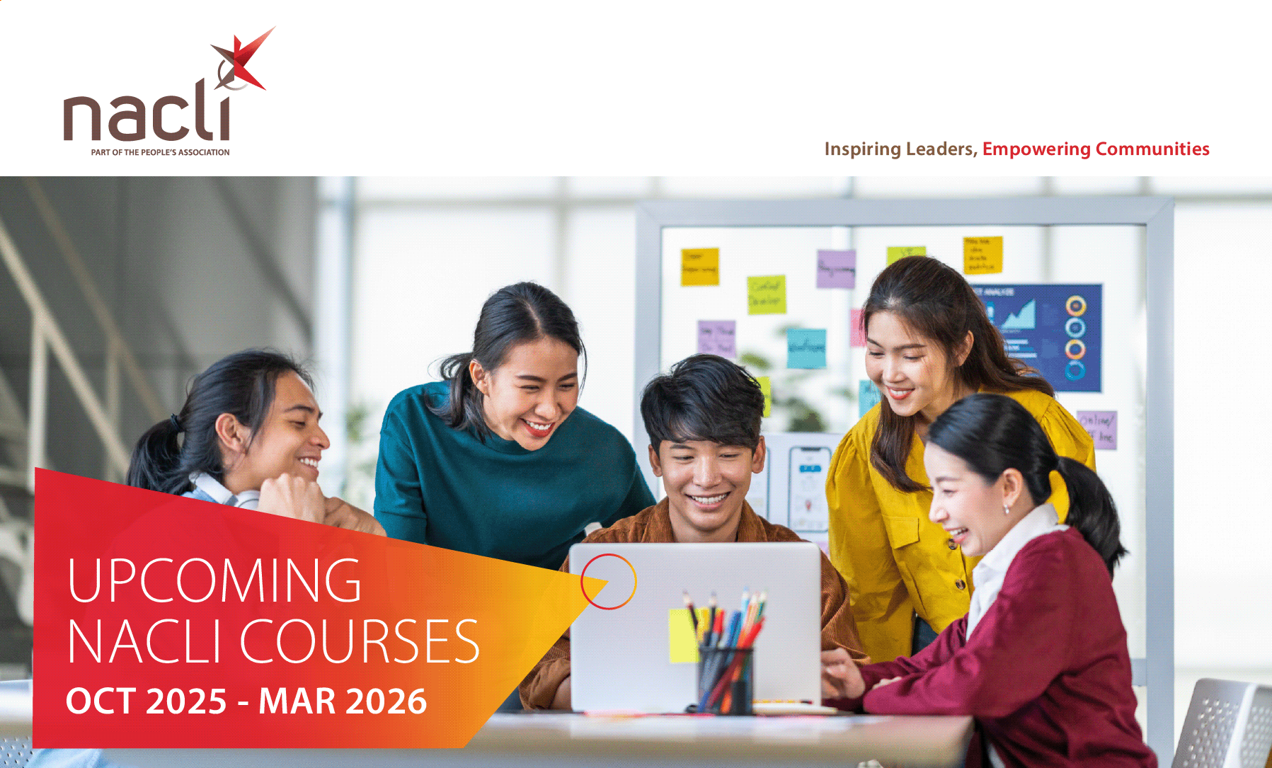 A group of people engaged in discussion around a table, with text promoting NACLI courses from Oct 2025 - Mar 2026.